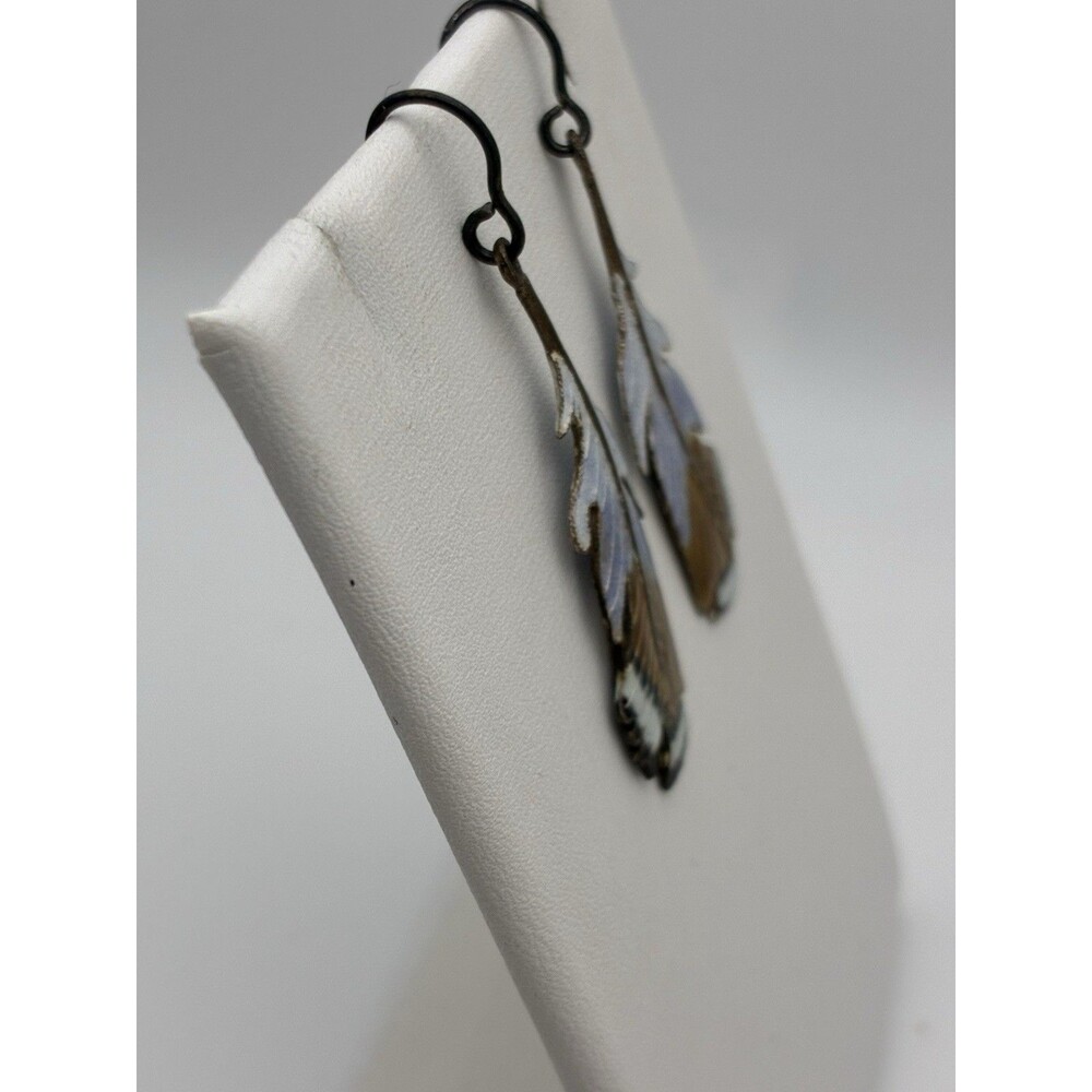 Blue Brown Feather Sterling Silver Hook Pierced Earrings Southwestern Style 1.5” - Picture 2 of 9